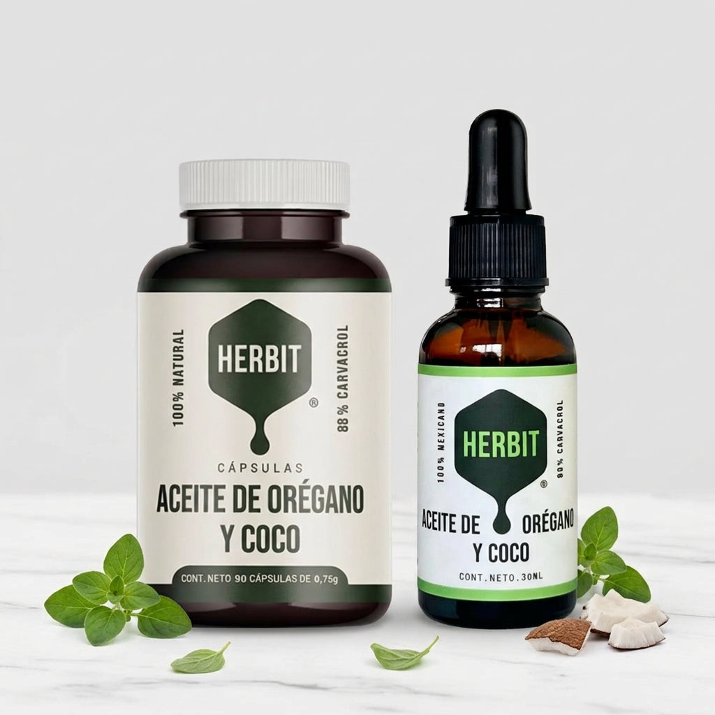 Kit 1 gotero de aceite de coco y 1 frasco de cápsulas de coco y orégano